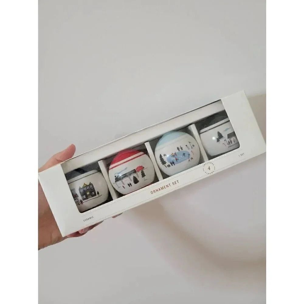 NWT Hearth and Hand Magnolia Ceramic Winter Scene Christmas Tree Ornament Set (4